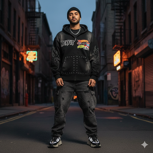 Sudadera con capucha de algodón extragrande para hombre, estilo urbano, con cremallera, estampado gráfico y logotipo de pedrería, ideal para primavera. - Product Image 3