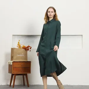 Luxury Green Cotton Linen Midi <b>Dress</b> With Full Sleeve Turn-down Collar <b>Loose</b> Fit boho Style Summer Casual Daily Wear - Product Image 3