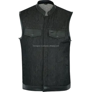 hexa gear launches men's rough rub off raw finish denim motorcycle vest with leather trims scoop collar