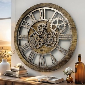 Horloge murale industrielle steampunk en bois de noyer artisanal avec engrenages en laiton, diamètre 45 cm |   Vente en gros - Product Image 1
