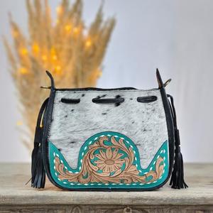 Handmade Genuine Leather Waterproof Women's Crossbody <b>Bag</b> Turquoise Animal Prints Embossed Bohemian Style <b>ZIP</b> Closure Single - Product Image 3