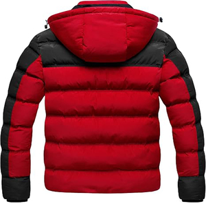 Blouson matelassé à capuche pour homme, rouge et noir, coupe-vent, en polyester, fermeture éclair, manteau d'hiver décontracté et épais - Product Image 2