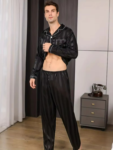 <b>Men's</b> Casual Home Wear Two Pieces Sleepwear <b>Set</b> Long Sleeve Button Shirt Top Long Pants Loungewear <b>Men's</b> Ice Silk <b>Pajamas</b> <b>Set</b> - Product Image 3