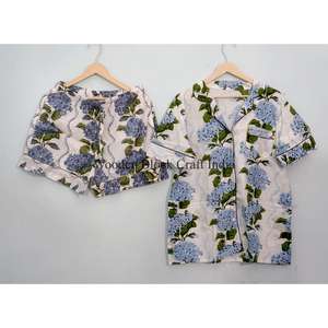 Ensemble de pyjama Kangura en coton indien fait main, imprimé à la main, style vintage, vêtements de nuit courts pour femmes, pour l'automne - Product Image 3