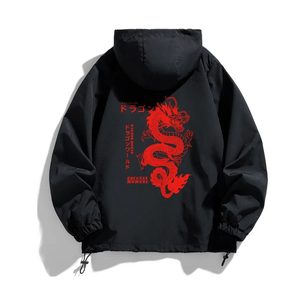 Veste matelassée noire à capuche pour homme avec imprimé dragon rouge, fermeture éclair sur le devant, logo, style sportif urbain pour l'hiver - Product Image 6
