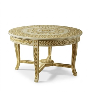Mesa de Centro Redonda Hecha a Mano con Incrustaciones de Hueso, Patrón Floral Gris, Mesa de Centro Personalizada, Artesanía India, Muebles para Sala de Estar, Venta al Por Mayor - Product Image 2