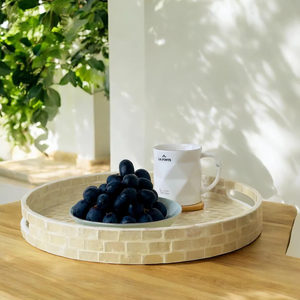 Bandeja decorativa redonda para desayuno MOP, bandeja con incrustaciones de MOP y concha de capiz blanca, bandeja otomana de nácar. - Product Image 2