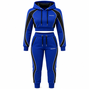 Women's Winter Solid Streetwear Hooded Full Sleeve Crop <b>Top</b> Full-Length Jogger Pants 2-Piece Sports Set 100% Cotton Fleece Quick - Product Image 1