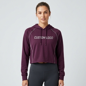 Sweat-shirt à capuche court marron pour femme, manches longues, cordon de serrage, imprimé lettres, en polaire, automne, polyester et coton, qualité supérieure - Product Image 4