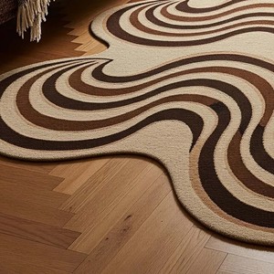 Abstract Wavy Area Rug Retro Modern Cream <b>Brown</b> <b>Wool</b> Carpet Irregular Shape Hand Tufted Living Room Bedroom Statement Floor Rug - Product Image 3