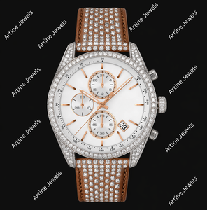 Montre de luxe avec cadran blanc et accents de diamants, style chronographe, bracelet marron étincelant, montre élégante et remarquable pour les modernes - Product Image 2