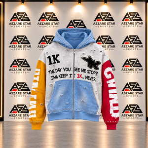 Sudadera con capucha de forro polar con cremallera, extragrande, con gráfico desgastado, 100% algodón, con bloques de color personalizados, estilo streetwear con tachuelas, lavado vintage, a la moda - Product Image 1