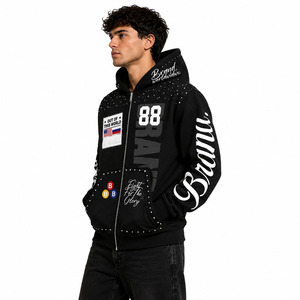 Wholesale Custom Luxury Rhinestones Graphic <b>Zip</b> up Hoodie Heavyweight Streetwear Men's Hoodies Private Label OEM ODM Manufacture - Product Image 3