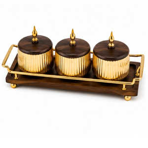 Ensemble de bols à sauce de luxe en acier inoxydable avec plateau en bois, poignées dorées, triple récipient carré avec couvercles en bois pour hôtel et restaurant - Product Image 5