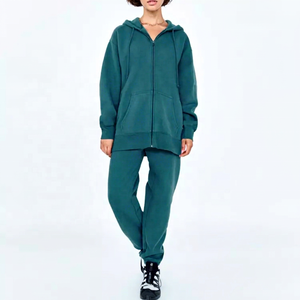 Ensemble de survêtement pour femme, vert turquoise, à capuche et fermeture éclair, poids moyen, décontracté, deux pièces, sweat-shirt et pantalon - Product Image 1