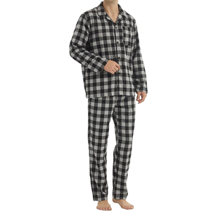 Ensemble de pyjama pour homme à carreaux noirs et blancs, col à revers, en coton doux et aéré, manches longues, confortable et décontracté, vente en gros, vêtements de nuit pour homme, ensembles de détente - Product Image 3