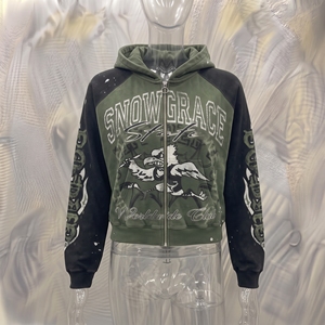เสื้อฮู้ดซิปผู้ชาย Snowgrace สีเขียวดำ แขนเสื้อแบบแร็กแลน สไตล์สตรีทแวร์ ทรงโอเวอร์ไซส์ ลายพิมพ์ สำหรับใส่ในฤดูใบไม้ร่วง - Product Image 3