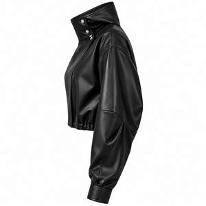 <b>Women</b>’s <b>Black</b> Faux Leather <b>Cropped</b> Hooded Jacket Long Sleeve Casual Zip Front <b>Top</b> - Product Image 4