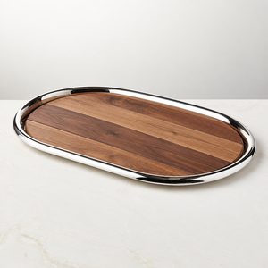 Plateau de service ovale en bois de luxe avec bord en acier inoxydable - Product Image 2