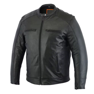 แจ็คเก็ตหนังผู้ชาย สกรีนโลโก้ได้ สีดำ สไตล์ไบค์เกอร์ มีซิปด้านหน้า กระเป๋าข้างสองช่อง ทรงปกติ แจ็คเก็ตฤดูหนาวสำหรับผู้ชาย - Product Image 4