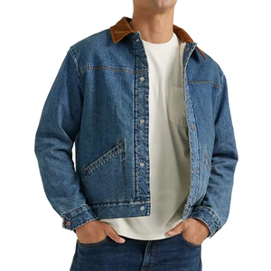 Mens Denim Jacket With Brown Faux Suede Collar Regular Fit Stonewashed Blue Casual Button Front Coat Autumn Wear Denim Jackets - Product Image 5