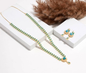Wholesale Price 22K Gold Plated Long Turquoise <b>Necklace</b> Set Teal Stone South Indian Wedding Jewelry with Earrings - Product Image 3