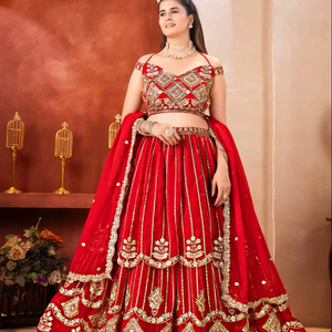 Women's Royal <b>Red</b> Traditional Regular Fit Lehenga Choli Heavy Embroidery Premium Finish Recycled <b>Materials</b> All Seasons Wedding - Product Image 1