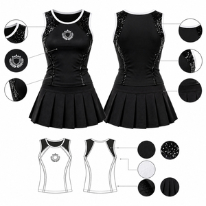 Custom <b>Black</b> Rhinestone Cheerleader Uniform Women Children Sleeveless Performance Outfit <b>Pleated</b> <b>Skirt</b> White Trim Competition - Product Image 3