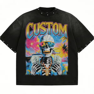 T-shirt graphique surdimensionné personnalisé, imprimé crâne vintage, streetwear vieilli, 100% coton écologique, 300g, tissu épais, marque privée - Product Image 1