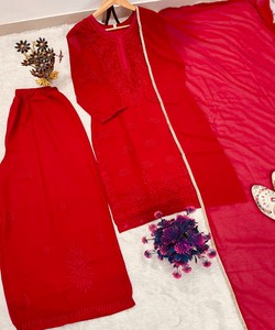 Salwar Kameez ethnique rouge pour femmes, tenue de mariage traditionnelle, coupe ample, longueur au sol, polyester, vêtements indiens pakistanais 84505 AC-7105 - Product Image 2