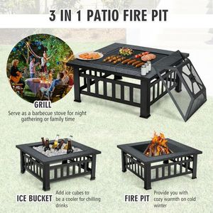 32-Inch 3-in-1 Square Fire Pit <b>Table</b> with <b>BBQ</b> Grill and Rain Cover for Outdoor Camping - Product Image 6
