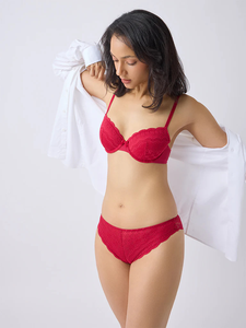 Women's Red Lace Push-Up Bra <b>Set</b> Underwire Full Cup Hipster Panties <b>Sexy</b> Lingerie Adjustable Straps Mid-Rise - Product Image 4