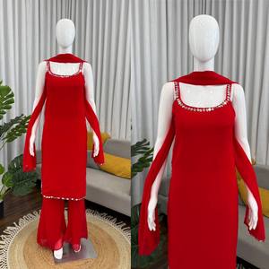 Conjunto de Salwar Kameez de Georgette Rojo en Oferta, con Trabajo de Espejo Real, Traje Tradicional Indio Pakistaní para Mujer, para Bodas y Fiestas - Product Image 5