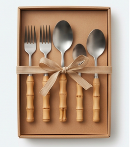Ensemble de couverts en acier inoxydable, couteau et fourchette avec manche en bambou, vaisselle minimaliste écologique, article de table - Product Image 6