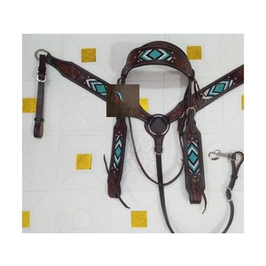 Western Brown <b>Leather</b> Breast Collar & Bridle Set Turquoise Beaded Diamond Design Hand Tooled Horse Tack Gear - Product Image 3