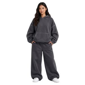 Survêtements pour femmes en coton épais, teints en pigment, délavés, couleur anthracite unie, à capuche, grandes tailles - Product Image 1