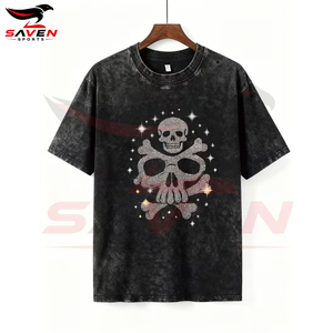 เสื้อยืดวินเทจลายหัวกะโหลกสีดำประดับคริสตัล รุ่นขายดีที่สุดสำหรับผู้ชาย ทรงโอเวอร์ไซส์ ล้างสีแบบแอซิด ตกแต่งด้วยคริสตัลรูปดาว สไตล์สตรีทแวร์ - Product Image 2