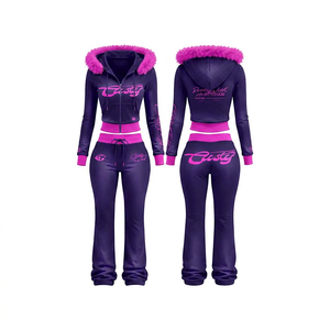 Ensemble de survêtement à capuche pour femme, violet et vert, avec logo rose imprimé, pantalon de survêtement décontracté et haut court à manches longues avec fermeture éclair - Product Image 4