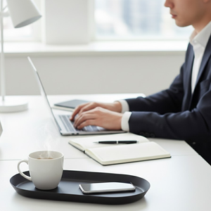 ถาดเสิร์ฟเหล็กเคลือบสีดำ |   ถาดโลหะทรงสี่เหลี่ยมขนาด 10” x 5.5” สำหรับโต๊ะกาแฟ เคาน์เตอร์ครัว โต๊ะเครื่องแป้ง และของตกแต่งบ้าน - Product Image 5