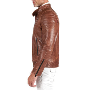 New Fashion Light <b>Brown</b> Washed Cotton Lining <b>Leather</b> <b>Jacket</b> Biker Street Casual Style Stand Collar High Quality <b>jacket</b> for <b>men</b> - Product Image 1