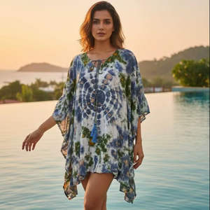 Vestido Midi Kaftan Floral Azul Verde, Túnica de Verano de Algodón para Mujer, Estilo Boho, para la Playa, Estilo Étnico Indio, Ropa Informal, Ecológica y Natural - Product Image 5