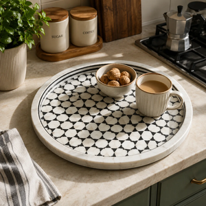 Bandeja de Servir Redonda de Lujo Hecha a Mano con Incrustaciones de Hueso, Mosaico Geométrico Blanco y Negro, Bandeja Decorativa para Mesa de Centro, Otomana, Desayuno - Product Image 1