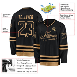 Uniformes de Hockey sobre Hielo Personalizados OEM, Bordados, Auténticos, Negros y Dorados, Transpirables, 100% Poliéster, Unisex, para Deportes - Product Image 5