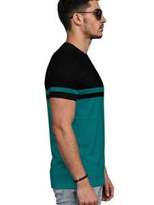 T-shirt homme slim fit à blocs de couleur noir et vert, col rond, manches courtes, décontracté - Product Image 2