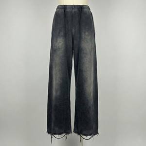 Pantalones de chándal de algodón en blanco al por mayor, lavado ácido, ecológicos, de corte holgado, con efecto desgastado en la parte inferior, gris carbón, de pierna ancha - Product Image 1