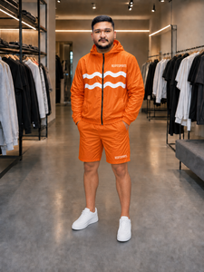 REXFIT SPORTS 2026 Ensemble veste à capuche et short unisexe en nylon orange personnalisé, coupe-vent léger, vêtements de sport, marque privée - Product Image 6