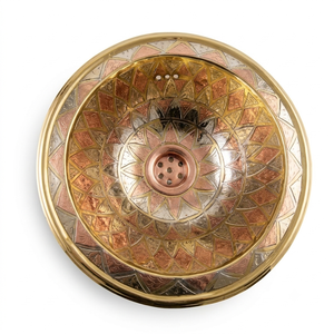 Lavabo Redondo de Latón con Patrón de Mandala Esmaltado Multicolor y Acabado Artesanal Decorativo para Hogares Modernos y Proyectos Hoteleros - Product Image 1
