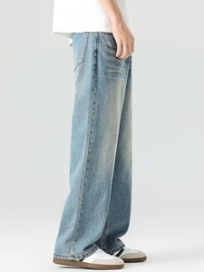 Vaqueros de mezclilla de pierna ancha teñidos estilo vintage para hombre |   Pantalones Azules Holgados de Corte Relajado |   Pantalones Casuales de Pierna Recta de Algodón Retro para Streetwear - Product Image 5