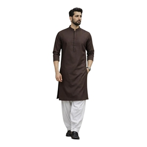 Kurta en coton marron pour homme avec salwar blanc, coupe régulière, longueur cheville, tenue décontractée traditionnelle indienne et pakistanaise, toutes saisons - Product Image 5