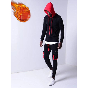 Survêtement imprimé respirant à capuche pour homme, noir et rouge contrastant, manches longues, coupe classique, streetwear, tenue d'automne, fermeture à cordon - Product Image 6